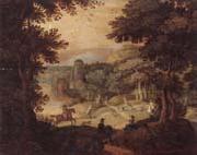 unknow artist a wooded landscape with a hunting party at the edge of a lake,a castle beyond oil painting picture wholesale